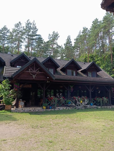 The image depicts a rustic, wooden lodge-style building set amidst a dense forest of tall pine trees. The building features a dark brown, shingled roof with multiple dormer windows. A wide, covered porch runs along the front of the building, supported by sturdy wooden posts. Decorative elements on the porch include hanging flower baskets with pink and red blossoms, colorful potted plants, and a mounted deer head above the main entrance. A wooden sign is visible on the porch. The area in front of the lodge is a grassy lawn with some patches of bare earth. In the background, the forest extends upwards, with the tops of the pine trees reaching towards a bright, overcast sky. The scene conveys a tranquil, natural setting. The lodge is located in the city of Płaska, Poland.