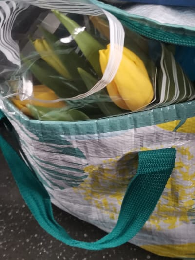 A white and teal patterned reusable shopping bag, likely constructed from woven polypropylene, rests on a dark, speckled floor. The bag features a teal fabric handle visible on the lower left. Inside the bag, a bouquet of yellow tulips is enclosed within clear plastic packaging. The tulips present as closed buds or freshly opened blooms, with visible green stems and leaves. A zipper closure is partially visible along the top edge of the bag. The specific city location of Barabinsk, Russia cannot be determined from the visual information provided within the image. No individuals are present, and no actions or interactions are depicted. The scene is static and appears to be an indoor setting.