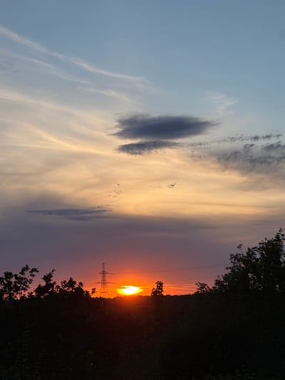 The image depicts a sunset over a rural landscape, likely on the outskirts of Grays, United Kingdom. The sky transitions from a light blue at the top to hues of orange, pink, and purple as it nears the horizon. Wispy clouds are scattered across the sky, some catching the warm light of the setting sun. A large electricity pylon stands silhouetted against the vibrant sunset, with power lines stretching across the frame. In the foreground, dark silhouettes of trees and foliage obscure the ground, creating a stark contrast with the illuminated sky. The overall impression is one of natural beauty and the presence of human infrastructure within the landscape.