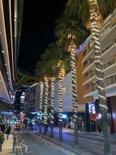 A nighttime cityscape features palm trees adorned with lights lining a street. Buildings with illuminated windows and storefronts flank the street. A multi-colored architectural structure and a brightly lit staircase are also visible. People walk along the street, adding to the vibrant night scene. The lighting and composition create a festive and inviting atmosphere.