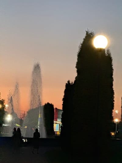 The media file depicts an outdoor scene at dusk in Endirey, Russia. The sun, a bright, illuminated orb, is partially obscured by the dark silhouette of a dense tree line in the foreground. The sky transitions from a pale gray on the left to a warm orange hue on the right, indicating the sunset.
In the background, beyond the trees, a brightly lit structure resembling a fairground attraction with red and white striped awnings is visible. Several figures, silhouetted against the fading light, can be seen walking or standing. The ground appears wet, with reflections suggesting recent rain or a water feature, such as a fountain, which is creating misty plumes of water. Streetlights are also visible, casting a warm glow. The overall mood is serene and peaceful, capturing the transition from day to night. No visible text is present in the image.