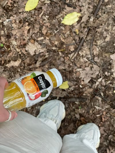 A first-person perspective shows a hand holding a clear plastic bottle of Cappy Orange Mix juice. The bottle, partially filled with yellow liquid, has a white cap and a label featuring images of an orange and an apple, along with text indicating the flavor. The hand wears a silver ring. The bottle is held over a person's lower legs, which are clad in light-colored, loose-fitting pants and white athletic shoes with light gray accents. The scene is set on a forest floor covered with a thick layer of brown and yellow fallen leaves and scattered twigs. The overall impression is a casual moment outdoors in an autumnal environment.