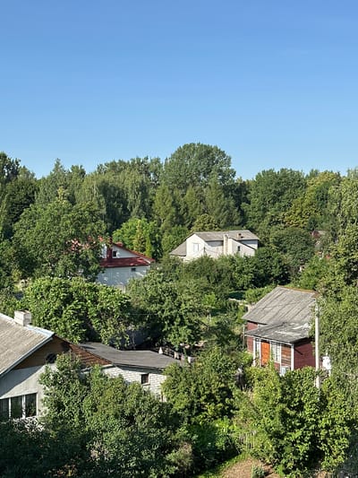 The image captures a view of residential houses nestled amongst dense greenery, under a clear blue sky. The scene appears to be from an elevated vantage point, looking down and across a suburban or rural area.

In the foreground, the roof of a light-colored house with a grey, corrugated roof is visible, with a portion of its facade showing a window and a chimney. To its right and slightly further back, a dark red, single-story house with a similar grey roof stands out. This house features a prominent orange door, multiple windows, and what appears to be an air conditioning unit mounted on the exterior wall. A utility pole stands adjacent to this structure.

Further into the mid-ground and background, several other houses are partially visible, peeking through the lush foliage of numerous trees. One house has a white facade and a red roof, with visible windows and a chimney. Another building, appearing to be a larger two-story house, is predominantly white with a grey roof and several windows. The dense canopy of mature trees, varying in shades of green, dominates the landscape, suggesting a well-established residential area with abundant vegetation. The clear blue sky indicates fair weather conditions.

This scene is consistent with the typical residential areas found in Kobryn, Belarus, where houses are often surrounded by gardens and trees. The architectural styles of the houses, particularly the single-story structures with pitched, corrugated roofs, are common in the region. The overall impression is one of a tranquil, verdant setting within a community.