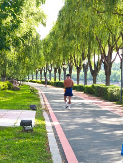 The image depicts a paved pathway lined with trees and a manicured lawn. A man, shirtless and wearing blue shorts and white socks with athletic shoes, is jogging away from the viewer on the pathway. The pathway has a pink stripe running along its edge. The trees, with their long, drooping branches, create a canopy over the path, casting shadows on the ground. In the background, a body of water is visible, bordered by more trees. On the left side of the pathway, a lawn is mowed and there are some rocks and a bench. Several dark-colored, rectangular outdoor lights are positioned on the grass near the edge of the pathway. The scene suggests a park or recreational area in Nanguan District, China, likely during daylight hours.