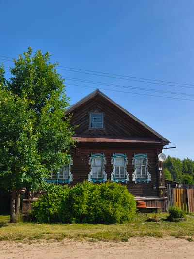 The image depicts a traditional wooden house with intricate white and blue window frames, set against a clear blue sky. A large, leafy green tree stands to the left of the house, partially obscuring it. In front of the house, there's a dense green bush and a wooden porch with a bench adorned with an orange cushion. A wooden fence runs along the right side of the property, and a satellite dish is mounted on the side of the house. The ground in front of the house is a dirt path with some dry grass. The overall scene suggests a rural or semi-rural setting in the city of Zhukovo, Russia, possibly a residential property. There are no people visible in the image.