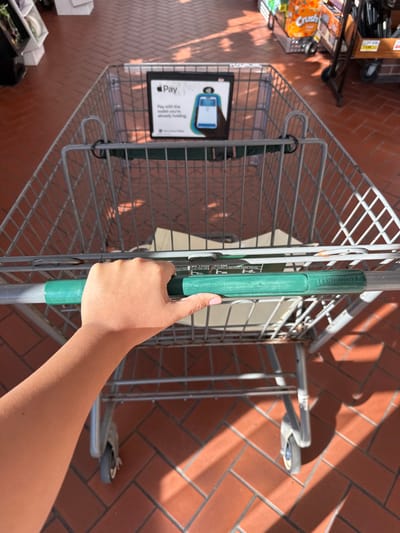 A human right hand with a light skin tone grips the green plastic handle of a metal shopping cart, indicating forward movement. The cart moves across a red-brown tiled floor laid in a herringbone pattern, with sunlight projecting sharp shadows. Affixed to the cart's interior is a black sign promoting "Apple Pay," depicting a smartphone near a payment terminal and stating "Pay with the wallet you're already holding." Background elements include retail shelving and product displays, such as boxes of "Crush" beverages. The setting is an indoor retail environment in Lawrence Township, United States.