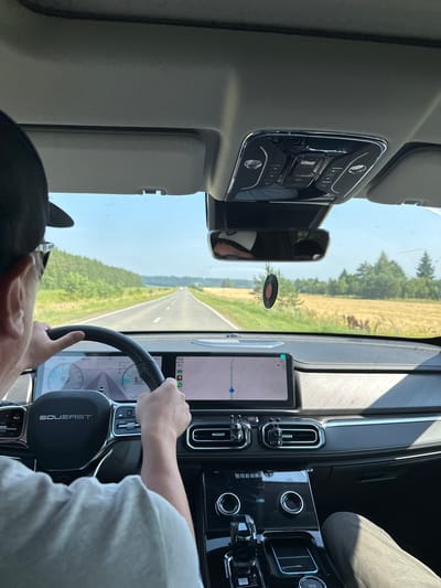 A person is driving a car down a straight, paved road in a rural area. The driver is seen from behind, wearing a baseball cap and sunglasses. The car's dashboard features a large digital display showing navigation and vehicle information. The landscape outside the car consists of fields of dry grass or wheat, with trees and a forest in the distance under a clear blue sky. A vintage vinyl record air freshener hangs from the rearview mirror. The location is identified as the city of Дулесово, Russia.