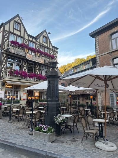 The image depicts an outdoor seating area of a brasserie in Durbuy, Belgium. The brasserie, named "La Vieille Demeure," is housed in a half-timbered building with a balcony adorned with purple flowers. There are several tables and chairs set up on a cobblestone street, some covered by large white umbrellas. Streetlights illuminate the area, and there are potted plants and a stone fountain in the foreground. The sky is a pale blue with some wispy clouds. The scene appears to be quiet, with no people visible. The overall atmosphere is one of charm and relaxation, suggesting a pleasant place to dine outdoors.