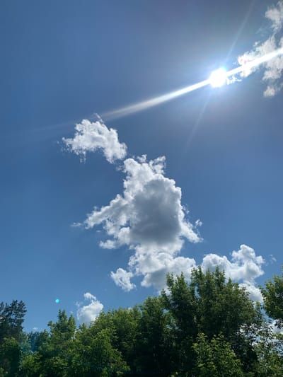 The image displays a bright, sunny sky over a dense canopy of green trees in the city of Pokotylivka, Ukraine. The sun is positioned in the upper right corner, emitting a strong glare that creates a sunbeam across the sky. Several white, puffy clouds are scattered throughout the clear blue sky, with one larger, more prominent cloud formation centrally located. The trees, which appear to be deciduous, form a solid green line across the bottom of the frame, suggesting a park or wooded area within the city. The overall impression is one of a pleasant, clear day in a natural setting.