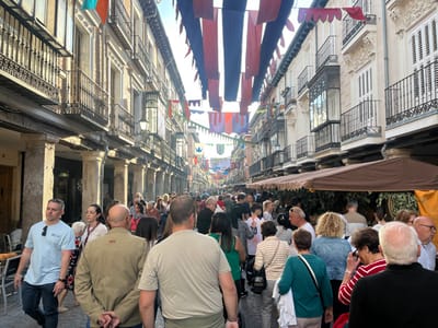 The image displays a bustling outdoor scene on Calle Mayor in Alcalá de Henares, Spain, during what appears to be a festival or market. The narrow, historical street is densely packed with a diverse crowd of people, primarily seen from behind, walking in various directions, with a general flow towards the background. Above the street, numerous colorful fabric banners in red, blue, orange, and green are strung across the thoroughfare, creating a festive canopy.
The street is flanked by multi-story historic buildings exhibiting traditional Spanish architecture. On the left side, an arcade supported by stone columns runs along the ground level, providing cover. Above the arcade, buildings feature visible brickwork and windows with dark wrought-iron balconies. On the right side, market stalls with brown awnings extend into the street, displaying green foliage beneath. The buildings on the right are characterized by light-colored facades, some with ornate decorative elements, bay windows, and balconies, often with white louvered shutters. The sky is partially visible at the top, indicating daytime. In the foreground, notable individuals include a man in a light blue t-shirt and dark pants walking left, facing the viewer, and several individuals facing away, including a man in a khaki jacket and a man in a light beige t-shirt, both observing the scene ahead.