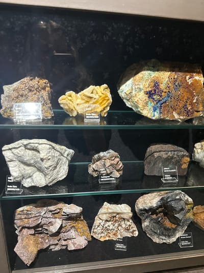 This media file displays a collection of mineral specimens exhibited in a glass-fronted display case. The minerals are arranged in rows within the case, with labels providing information about each specimen. The labels are in German and include terms like "BARYT," "FLUORIT," "HAMATIT," "SKORODIT," and "BRAUNEISEN," along with mine names such as "Grube Clara," "Teufelsgrund," and "Hohberg." The location context provided is Schonach im Schwarzwald, Germany, which suggests these minerals may be from the Black Forest region. The lighting within the display case is artificial, creating reflections on the glass. The background is dark, making the minerals stand out. The overall scene depicts a museum or geological exhibit showcasing a variety of rock and mineral samples. There are no people or active events depicted; the focus is solely on the static display of the mineral collection.