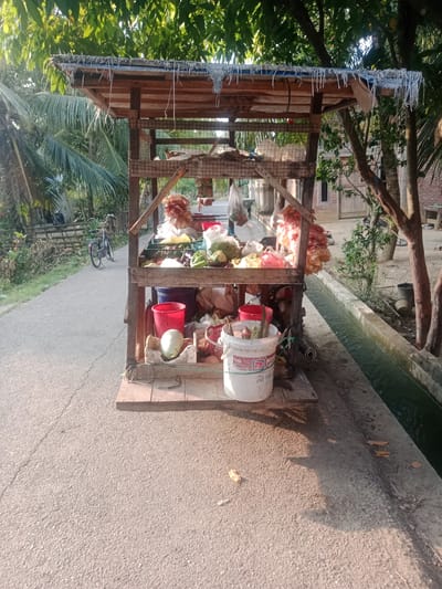 An outdoor, low-angle full shot shows a mobile vegetable cart laden with produce and other items. The cart, constructed of rough wood, is positioned on an asphalt road. The cart has a thatched roof and is filled with various vegetables such as eggplants, cauliflower, and possibly cucumbers. Bags of snacks are displayed hanging from the side of the cart. In front of the cart, on the lower shelf, is a large green gourd, a red bucket, and a white bucket containing what appear to be green stalks of lemongrass. Behind the cart, on the left side, a bicycle is parked on the side of the road. The scene is set in a rural area, suggested by the presence of palm trees, dense foliage, and a narrow concrete channel of water running alongside the road. The background shows a simple building with a wooden door. The lighting suggests it is late afternoon, with long shadows cast on the road. The location is identified as Kruengbaroblangme, Indonesia.