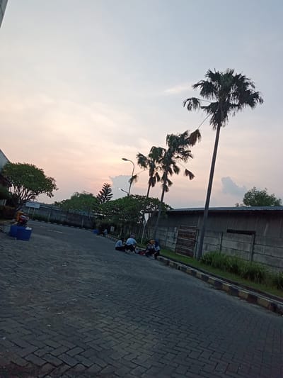 Captured in the vicinity of Nglundo, Indonesia, the scene is set along a paved road featuring interlocking blocks. The horizon line is high, placing the sky as a major element. The sky reveals hues of fading light, indicative of either sunrise or sunset. Dominating the landscape are several palm trees, their silhouettes clearly visible against the sky. Additionally, various other trees and shrubs line the road, adding to the natural environment. The scene also reveals human presence with individuals situated on the side of the road, seemingly in conversation or taking a rest. A concrete wall runs parallel to the road, and a building structure is partially visible on the left side of the frame. A street lamp adds an urban touch to the setting. Overall, it's a candid moment captured in an urbanized natural environment.