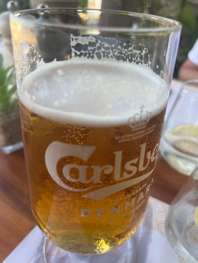 A close-up, eye-level shot shows a pint glass filled with golden beer and a frothy white head. The glass has the Carlsberg logo printed on it in white, with a crown above the text. Smaller text below reads "BY APPOINTMENT TO THE ROYAL DANISH COURT" and "COPENHAGEN, DENMARK 1847 ONWARDS". The beer is in the foreground, with condensation visible on the outside of the glass. In the blurred background, a wooden table is visible, along with a white napkin, another glass with a slice of lemon, and a small green plant in a pot. The lighting suggests an outdoor setting, possibly a restaurant or bar. The overall impression is of a refreshing beverage being enjoyed in a relaxed atmosphere.