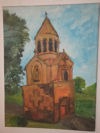 This is a painting of a church with a pyramidal dome topped with a cross. The church is constructed of reddish-brown stone and features arched windows and doorways. A large cross is carved into the front of the lower section of the building. The church is situated in a grassy landscape with trees on either side. The sky is a bright blue with scattered white clouds. The painting appears to be in the impressionistic style. The painting depicts Saint Gregory the Illuminator Church in Gavar, Armenia.