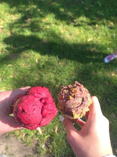 Two hands hold scoops of ice cream in front of a grassy background with dappled sunlight. The left hand holds a large scoop of bright pink gelato, possibly berry flavored. The right hand holds a scoop of chocolate ice cream with visible pieces of nuts or candy embedded in it, served in a cone. In the background, the feet of a person wearing pink sneakers are visible. The scene appears to be outdoors in a park or garden setting.