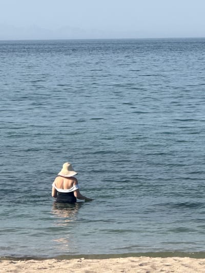 The image captures a serene beach scene, likely in Al Fiqait, United Arab Emirates. A single person is positioned in the shallow, clear blue-green water at the edge of a sandy shore. The individual is viewed from behind, wearing a light-colored, broad-brimmed hat and a white sleeveless top. Their lower body, possibly in dark swimwear, is submerged in the water, which shows gentle ripples and reflections on its surface. The person appears to be sitting or kneeling, facing away from the camera, looking out towards the vast body of water that extends to a hazy, light blue horizon.
To the right of the frame, a strip of golden-beige sand is visible, forming the beach shoreline. The sand shows subtle textures and faint indentations, suggesting a natural, undisturbed environment. The water surface displays small, elongated reflections, indicating bright daylight and calm conditions. The horizon line is subtly blurred, blending the sea with a pale, clear sky. The overall atmosphere conveyed is one of peaceful relaxation on a sunny day. No text is visible in the image.
