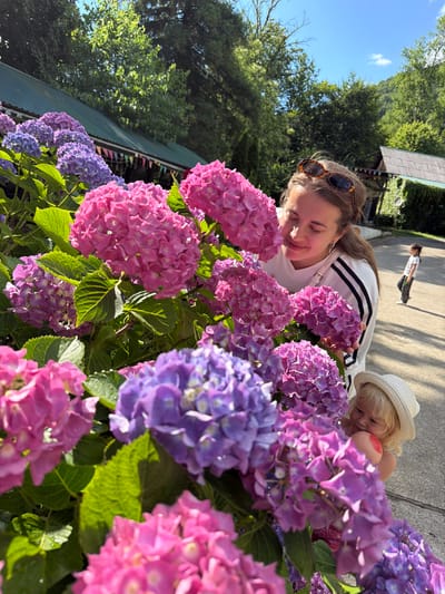 In this bright, sunlit outdoor scene, two people are enjoying a moment surrounded by vibrant hydrangeas. In the foreground, a young woman with sunglasses perched on her head leans in, her eyes closed and a gentle smile on her face as she smells the pink and purple flowers. She is wearing a white athletic top with black stripes on the sleeves. To her right, a young child wearing a straw hat is also looking at the flowers, with a doll in their arms. The child's face is partially obscured by the hat and the flowers.

In the background, a person is walking away from the camera, appearing to be on a paved path. The setting is lush with green trees and a clear blue sky with a few white clouds. A building with a corrugated metal roof is visible in the upper left portion of the image. The overall mood is peaceful and joyful, suggesting a warm, pleasant day. The bright sunlight and the vibrant colors of the hydrangeas indicate it is likely daytime, possibly late morning or afternoon. The presence of hydrangeas suggests a garden or a park setting.