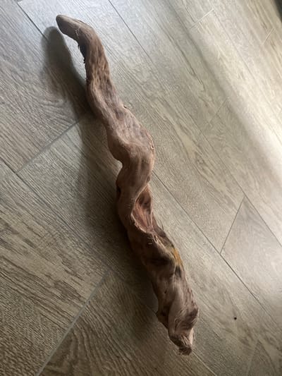 A close-up, high-angle shot shows a piece of twisted, weathered driftwood lying on a light-colored, wood-plank-style tiled floor. The driftwood is a light brown color with darker reddish-brown highlights and a rough, textured surface. It is positioned diagonally from the top left to the bottom right of the frame. The floor tiles are arranged in a staggered pattern, with visible grout lines. The lighting creates a shadow of the driftwood on the floor to the left of the object. There are no people or any other objects visible in the image. The image does not provide any information about its location in the city of Староживотинное, Russia.