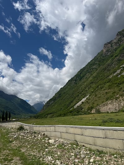 The image captures a mountainous landscape in Verkhnyaya Balkariya, Russia, under a partly cloudy sky. In the foreground, a low, grey concrete wall runs horizontally across the frame, separating a rocky, grassy area from a lush green meadow. The meadow is dotted with a few white specks, possibly sheep, and a darker, indistinct shape that could be an animal or a shadow.

Dominating the right side of the image is a steep, green mountainside, covered in dense vegetation. A lighter-colored rocky scree slope cuts diagonally across the green. To the left, the landscape recedes into a valley, with other green, tree-covered mountains in the distance. Snow-capped peaks are visible further back in the valley, suggesting a high-altitude environment. The sky is a vibrant blue, interspersed with large, fluffy white clouds and darker, more ominous grey clouds, particularly over the mountains. The overall scene depicts a natural, undeveloped environment.
