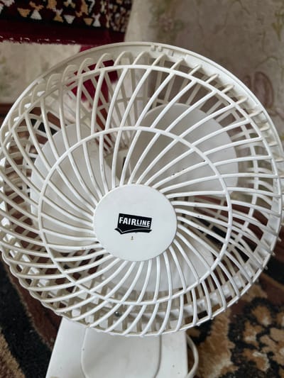 This is a close-up, overhead shot of a white, oscillating fan on a patterned rug. The fan has a circular grate with thin, white bars and a circular logo in the center that reads "FAIRLINE". The fan blades are visible through the grate, and they appear to be white as well. The rug has a repeating pattern of red, brown, and beige shapes. The background is out of focus and appears to be a wall with a floral wallpaper. The image does not provide any information about the city of Lipcani, Moldova.