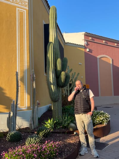 An adult male is observed standing outdoors in Marratxí, Spain, within a landscaped area featuring xeriscape plantings and architectural structures. The individual, appearing bald, is dressed in a white t-shirt, a black quilted vest, tan cargo pants, and white athletic shoes. His right hand is raised towards his mouth, holding a small, dark cylindrical object, while his left hand is placed inside his left pants pocket. He maintains eye contact with the camera. Directly behind him, a prominent, multi-branched cactus extends upwards, situated within a planter containing diverse succulent species, including columnar and spherical cacti, and small groundcover plants with purple and white flowers. The planter is edged with dark metal and filled with reddish-brown gravel. In the background, two stucco buildings are visible: one yellow with white ornamental detailing, and another reddish-pink with a distinct arch feature and tiled roof. The overhead sky is clear blue, and ambient light sources generate distinct shadows, suggesting a low sun angle.