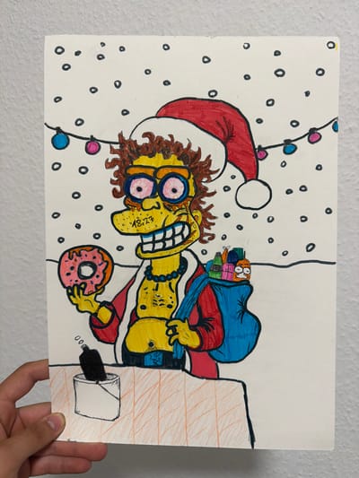 This is a drawing of Barney Gumble from The Simpsons, dressed as Santa Claus. He is depicted with his eyes wide open and bloodshot, his mouth agape, and his hair disheveled. He is wearing a red Santa hat with a white pom-pom and a red and white Santa suit with a blue bag slung over his shoulder, filled with presents. In his hands, he holds a pink frosted donut with sprinkles, and a black object that appears to be a bottle of Duff beer. The background is white with black dots representing falling snow, and a string of colorful Christmas lights. To the right of Barney, there is a drawing of a wall with wood paneling and a toilet paper dispenser with toilet paper. The overall mood of the drawing appears to be one of disheveled revelry, possibly indicating Barney's typical state of inebriation, even during the holiday season. No visible text is present in the image. The drawing appears to be created with colored pencils and markers.