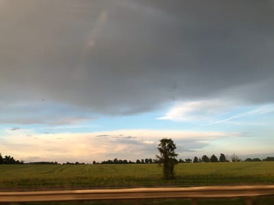A wide, horizontal shot captures a rural landscape under a dramatic sky. The foreground features a golden-brown barrier, likely a guardrail or fence, suggesting the vantage point is from a moving vehicle on a road. Behind this, a vast, green field stretches across the middle ground, its undulating surface hinting at rolling hills or cultivated rows. A solitary, dark-foliaged tree stands prominently on the right side of the field, its branches blurred by motion. A line of trees forms a dark silhouette along the horizon, separating the field from the sky. The sky itself is a spectacle of weather, dominated by heavy, dark grey clouds that fill the upper portion of the frame, interspersed with patches of lighter blue and wispy, pinkish-white clouds near the horizon. A faint white contrail is visible in the lighter part of the sky. The overall impression is one of an overcast or approaching storm in a serene, rural setting. No people or specific landmarks identifiable as being in Innisfil, Canada, are present.