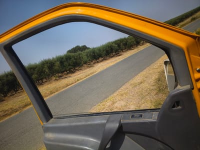 The image is a photograph taken from inside a yellow vehicle, looking out through the open driver's side window. The scene outside depicts a rural landscape under a clear blue sky. A paved road runs diagonally across the frame, bordered on one side by dry, yellow grass and on the other by a row of olive trees. Further in the background, more trees can be seen. The interior of the vehicle is visible in the foreground, with the yellow frame of the door opening and a gray interior door panel. The location is identified as Ferreira do Alentejo, Portugal. There are no people visible in the image. The scene is static and appears to be a snapshot of a drive through the Portuguese countryside.