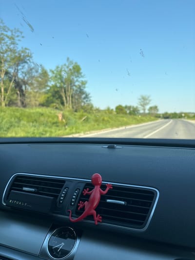 The image is taken from inside a car, showing the passenger side dashboard. An air vent has a red plastic gecko attached. Next to the vent is a clock that reads approximately 5:50. Through the windshield, a road stretches into the distance with green foliage alongside. The sky is blue and mostly clear. The location is unknown and cannot be inferred from the image. The city of Kozar Belene, Bulgaria, is also unable to be verified.
