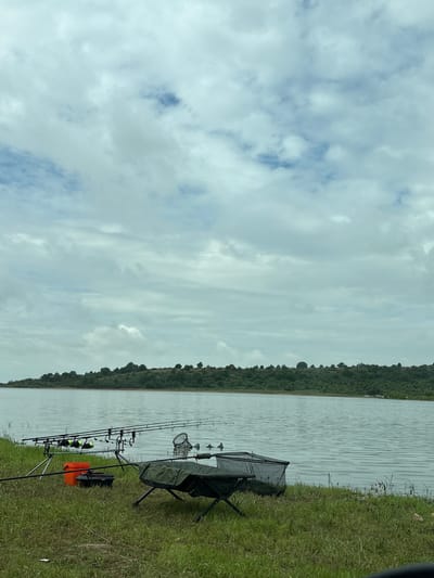 The image shows a fishing scene at a body of water, possibly a lake or river, near Brezovo, Bulgaria. Several fishing rods are set up on a rod pod with electronic bite alarms attached. A green chair and a keepnet are positioned near the fishing rods. An orange bucket is visible, likely containing fishing tackle or bait. The shoreline is grassy. Across the water, a line of trees is visible. The sky is overcast with grey and white clouds.
