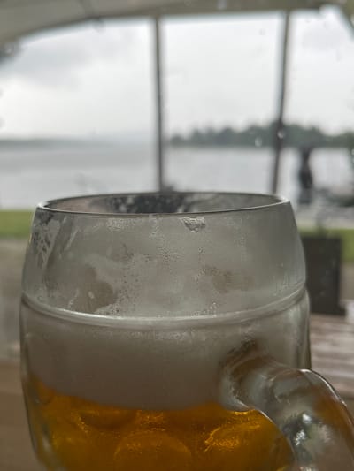 This media file features a close-up, sideways view of a condensation-covered glass mug filled with a golden-colored beverage, likely beer, with a frothy head. The mug appears to be made of glass with a handle. The exterior of the mug is speckled with numerous small water droplets, indicating it's chilled. Inside the mug, the liquid is a vibrant yellow-orange hue, and a layer of foam sits atop it. The background is blurred, showing what appears to be an outdoor setting with muted, overcast lighting. There are hints of greenery and possibly some wooden structures, suggesting a relaxed environment such as a beer garden or patio. The overall impression is one of a refreshing drink on a cool or humid day, possibly during the daytime due to the brightness of the background, though the overcast conditions obscure specific time cues. Faint markings are visible on the rim of the mug, possibly indicating a volume measurement, with "1/4" being partially legible. The scene evokes a sense of simple enjoyment and refreshment.