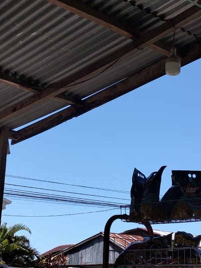 A corrugated metal roof is supported by wooden beams, with an exposed lightbulb. Beneath is a bright blue sky bisected by power lines. In the lower foreground, a metal rack displays bags of chips. Below the rack, a glimpse of nearby buildings with corrugated roofing and greenery.