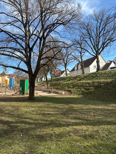 The scene depicts a public green space with a children's playground in Weißenburg in Bayern, Germany, under a clear blue sky with scattered clouds, indicating sunny daytime conditions. The bare deciduous trees suggest late winter or early spring.
In the foreground, a patchy green lawn with areas of exposed soil extends, marked by elongated shadows from overhead trees. A prominent, large, bare-branched tree trunk occupies the left-center of the frame.
The midground on the left features a children's playground complex comprising multiple wooden structures: a yellow tower, a blue rectangular climbing apparatus, and a green multi-level playhouse equipped with a slide. Adjacent to these, a sandy area contains several wooden picnic tables and benches.
The midground on the right is dominated by a steep, grass-covered embankment, densely populated with additional bare deciduous trees along its crest. Small wooden steps or barriers are partially visible on the slope.
In the background, beyond the embankment and trees, a row of residential buildings with white facades and reddish-brown tiled roofs is visible. Some structures exhibit traditional half-timbered architectural elements. A light-colored vehicle is partially observable behind a house on the far right. No individuals are present or engaged in activities within the captured frame.