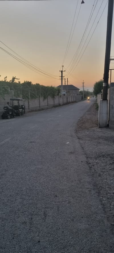 This is a vertical, medium-shot, eye-level, exterior photograph taken in sunlight at dusk. The scene is a rural road in Khovaskor, Tajikistan. The road stretches into the distance, bordered by a stone wall and dense green foliage, likely vineyards. Utility poles with numerous wires are prominent on the left side of the image, silhouetted against a pale orange sky that transitions to a lighter hue towards the top.
In the foreground, a dark-colored, three-wheeled vehicle is parked on the right side of the road. Two individuals are seated within the vehicle, though their features are not clearly discernible. The vehicle appears to be a type of auto rickshaw or tuk-tuk. Further down the road, a motorcycle or scooter is visible, its headlight illuminating the path ahead, suggesting movement.
The overall atmosphere is peaceful and serene, typical of a rural setting at the end of the day. The warm tones of the sunset create a calming visual effect. There is no visible text in the image.