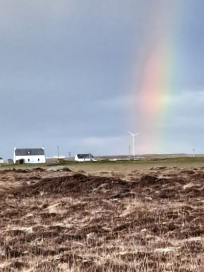 The image presents a wide, open landscape under a soft, light blue-grey sky. A faint but discernible rainbow arches gently across the upper-left portion of the sky, indicating recent rain or mist. On the horizon, a modern white wind turbine with three blades stands prominently, slightly left of the image's center.
Below the horizon, the landscape extends into a vast, slightly undulating terrain. Several small, white buildings with dark roofs are scattered across the mid-ground, with one more distinct white building featuring visible windows positioned closer to the lower-right foreground. The right side and bottom-right of the image are dominated by a textured, earthy-brown area, possibly rugged ground cover like dry grass or heather, creating a strong contrast with the distant sky and flatter land.
The scene captures a peaceful, static moment during daylight hours, likely in Scarinish, United Kingdom. The presence of the rainbow suggests recent precipitation with sunlight breaking through, giving the scene a soft, diffused light. There are no people visible, and no text can be discerned in the image.