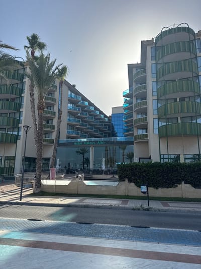 This is a vertical, eye-level shot of a modern hotel building with a triangular section. The hotel has a light-colored facade, with many balconies featuring curved, semi-transparent green screens. The building's design incorporates a lot of glass, with blue-tinted windows and reflective surfaces. Tall palm trees with weathered trunks and green fronds are in the foreground, obscuring parts of the lower floors of the hotel. The hotel entrance is visible, with glass doors and a sign that reads "Hotel Kaktus Albir". Several tables and chairs are set up outside the hotel entrance, suggesting an outdoor seating area.

To the right of the hotel, a pedestrian walkway paved with grey and beige bricks is visible. The walkway is bordered by a wall covered in dense green foliage. In the background, a street is visible with parked cars and a pedestrian crossing. The sky is clear and bright blue, indicating a sunny day. The sun is low in the sky, casting long shadows and creating a bright glare in the upper left portion of the image. This suggests the photo was taken in the morning or late afternoon. There are a few small birds flying in the sky. The overall scene evokes a warm, sunny, and possibly tropical atmosphere. The location is identified as l'Alfàs del Pi, Spain.
