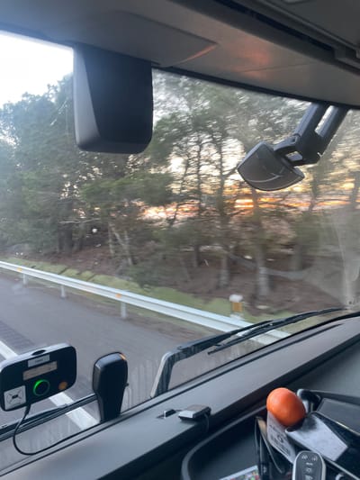 View through a vehicle's windshield shows a tree-lined road at dusk or dawn, with light filtering through branches. The road is visible on the right side of the frame. Inside the vehicle, various controls and attachments are visible, including a rearview mirror, a device with a green light, windshield wipers, and an orange object amidst other dashboard elements. The interior is predominantly gray.