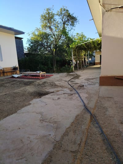 The image depicts an outdoor courtyard, likely in the city of Almachi, Uzbekistan. A paved area, with sections of concrete and gravel, forms the ground. A dark hose runs across the pavement, snaking from the right side of the frame towards the background. On the left side of the courtyard, a low wooden table is set up on two red mats, with cushions placed around it. A teapot and a few other small items are visible on the table. Beyond this setup, a dense green tree stands tall, its branches reaching towards a clear blue sky. In the background, more trees and foliage are visible, suggesting a vegetated area. Two buildings are partially visible: one on the far left with a white facade and a grey, angled roof, and another on the right with a white wall and a brown base. A white awning extends from the building on the right, supported by metal poles, and appears to have vines growing over it. The scene is illuminated by natural light, casting shadows and highlighting the textures of the ground and structures. There are no people visible in the image.