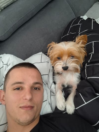 A close-up, overhead photograph taken indoors in Gunzenhausen, Germany, depicts a male individual and a small dog resting side-by-side on bedding. The male, positioned in the lower-left of the frame, possesses a light complexion, closely-cropped dark hair, and brown eyes, wearing a black t-shirt. He lies on a white pillow patterned with a grey grid. Adjacent to him on the right, a small dog, identified by its light brown, blonde, and white fur and prominent erect ears, is partially covered by a black duvet featuring a white geometric line pattern. The dog's black nose and dark eyes face the camera directly. A dark grey upholstered surface, likely furniture, is visible in the upper-left background. Both subjects are presented in a relaxed, prone position, directly facing the camera.