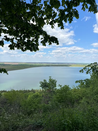 The image presents a view in Raianovtsi, Bulgaria, looking over a body of water (possibly a lake or river). A strip of land is visible in the center of the frame, separating the water expanse. On the left side, the sky is visible with a mix of blue and white clouds. The foreground features tree branches with green foliage on both sides, obscuring parts of the view. The right side is primarily covered by green vegetation, likely trees and bushes.