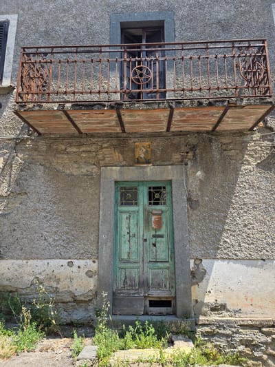 The image shows the exterior of a building in Viterbo, Italy. The focus is on a weathered, pale green double door with visible wear and tear, set within a stone archway. Above the door, a small, rectangular religious icon is mounted on the textured, light-colored stucco wall. An old, rusted metal balcony with intricate decorative elements and vertical bars extends above the archway. The balcony floor appears to be made of wooden planks supported by metal beams. Behind the balcony, a window is visible. The building's facade exhibits signs of age and weathering, with chipped paint and textured walls. Overgrown green plants and weeds are growing at the base of the building and on the steps leading to the door. The overall impression is one of an old, possibly historic, residential building in a state of disrepair.