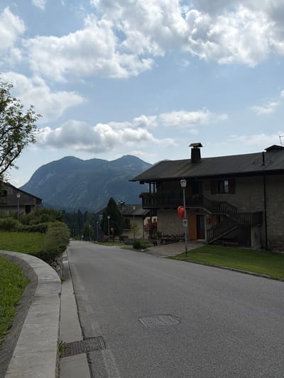 The image depicts a view of a street in Sauris di Sopra, Italy, a village nestled in the mountains. A paved road curves gently into the distance, flanked by a stone retaining wall and a grassy embankment on the left. On the right side of the road, several stone buildings with dark roofs are visible. One building in the foreground features an external staircase leading to an upper level with a wooden balcony adorned with flowers. A lamppost stands near the road. In the background, a large, tree-covered mountain dominates the skyline under a partly cloudy sky. The scene is quiet and appears to be a residential area.