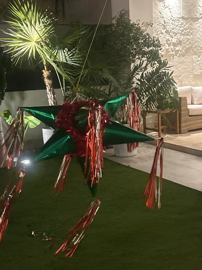A green star-shaped piñata with red and silver fringe rests on a green lawn. The piñata's points are decorated with dangling strands of the same fringe. Lush greenery, including palms and leafy plants, surrounds the piñata. A white wall and furniture are visible in the background. The scene is illuminated, likely at dusk or night, casting shadows and emphasizing the festive nature of the decoration.