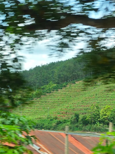 The image shows a steep, terraced hillside covered in lush green vegetation, likely agricultural fields or a plantation. The trees at the top of the hill are dense and tall, forming a dark green canopy against a partly cloudy sky. In the foreground, a portion of a rusty corrugated metal roof is visible, suggesting the presence of buildings or structures at the base of the hill. The overall impression is one of a rural or semi-rural landscape in Pờ Y, Vietnam, characterized by its hilly terrain and agricultural development. The motion blur indicates that the photo was taken from a moving vehicle.