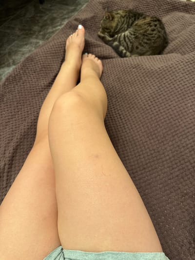 A close-up, overhead shot shows a person's legs and feet resting on a brown, textured blanket. The person's legs are crossed, and their feet are visible with white-painted toenails. A small, tabby cat is curled up asleep on the blanket to the left of the legs. The scene appears to be indoors, possibly in a home setting, with a dark gray, textured floor visible in the lower left corner. The lighting suggests it could be daytime, though no windows or external light sources are depicted. The overall mood is relaxed and peaceful. No text is visible in the image.