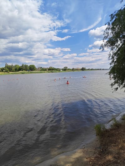 The image depicts a scene at the Seversky Donets River in Belaya Kalitva, Russia, on a cloudy day. The river occupies the majority of the frame, with a sandy shore visible on the right. Several individuals are present in the water, swimming or wading. A line of orange buoys stretches across the water, likely marking a swimming area. In the background, the opposite bank is lined with trees and some buildings. The sky is filled with a mix of blue sky and white clouds. A branch of a leafy tree overhangs the right side of the image.