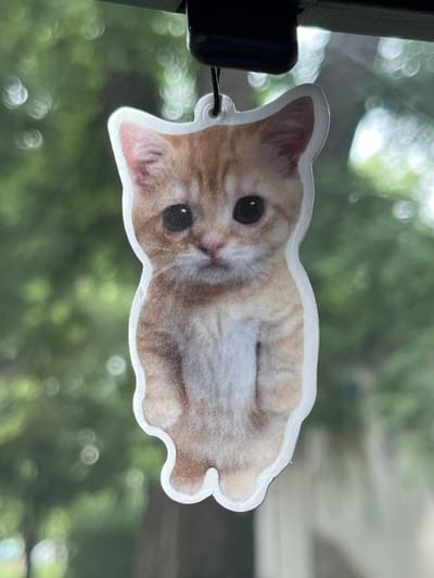 A close-up, eye-level, portrait orientation, indoor-outdoor photograph shows a tan and white patterned orange tabby kitten-shaped ornament hanging from a dark object above. The ornament is cut out with a white border and depicts the kitten with large, dark eyes, a small pink nose, and pink inner ears. The kitten's fur is detailed with orange and white stripes. The background is out of focus and consists of green foliage with bright circular bokeh highlights. The ornament is suspended by a black string.