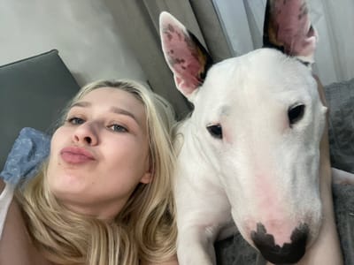 The image shows a close-up selfie of a young woman with blonde hair and blue eyes, making a kissing face. She is next to a white Bull Terrier dog with distinctive markings on its head and ears. They appear to be on a bed, with a gray headboard or pillow visible in the background. The overall lighting suggests an indoor setting, possibly a bedroom. The context of the image does not provide any information about a specific location in the city of Novogorelovo, Russia.