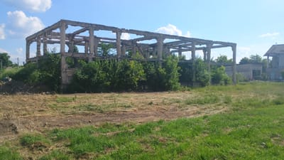 An unfinished concrete structure, possibly a building frame, stands in an overgrown field under a bright blue sky with scattered clouds. The structure, appearing derelict and exposed, is surrounded by dense green foliage and some scattered debris. The foreground consists of dry grass and dirt, indicating a neglected or undeveloped area. In the background, other buildings, including a house with a tiled roof and other structures, are visible, suggesting a rural or suburban setting. The scene appears to be in Mitoc, Moldova, as indicated by the context provided.